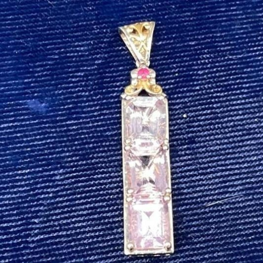 Sterling Silver Amethyst Ruby Pendant Emerald Cut Three Stone Vertical Bar Charm